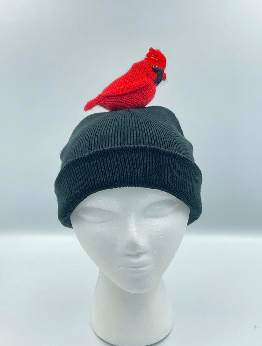 Beanies for kids and adults with handmade birds on the top